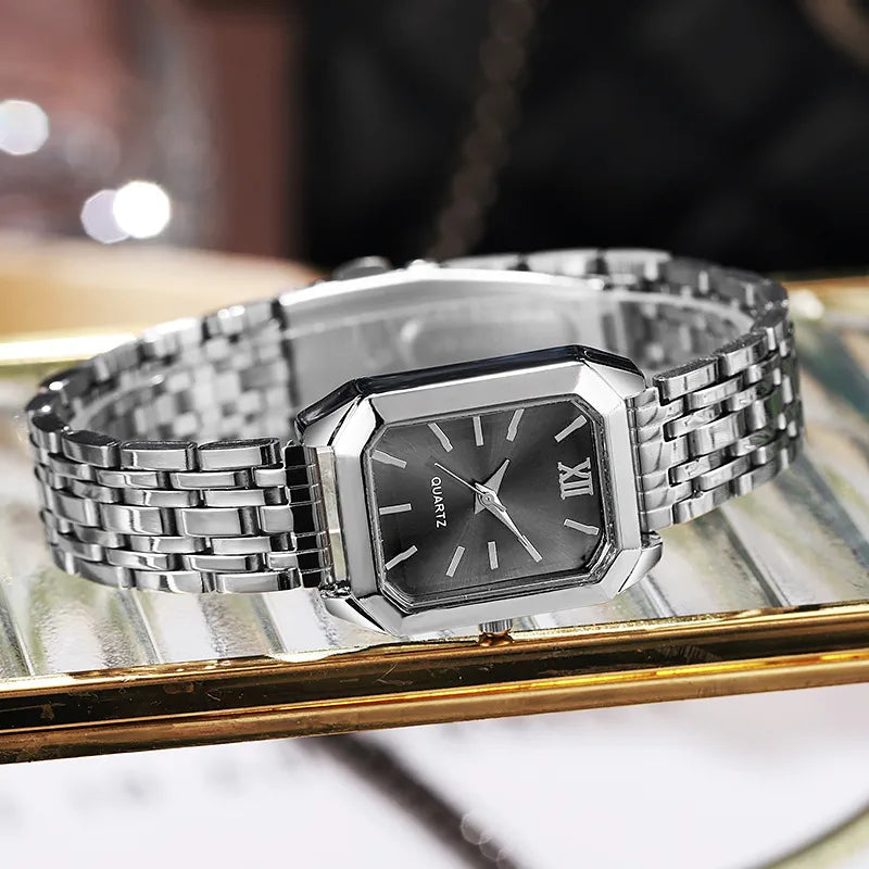 Montre Femme Élégante Rectangle – Acier Inoxydable Argent & Cadran Noir