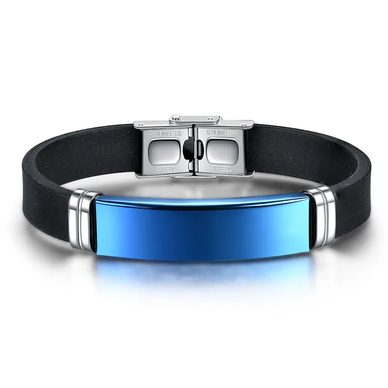 Bracelet Homme Silicone & Acier Inoxydable – Plaque Bleu Métallique
