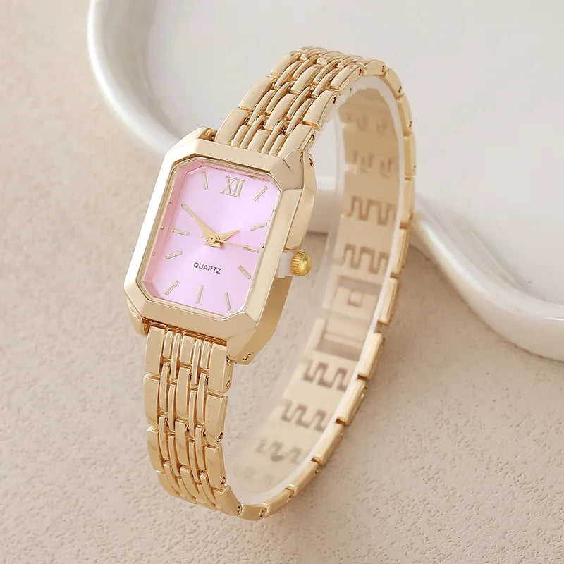 Montre Femme Élégance Rosée – Bracelet Métal Doré & Cadran Rose Pastel