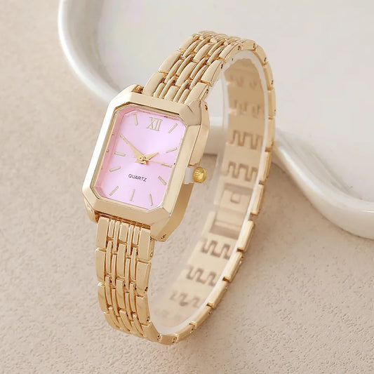 Montre Femme Élégance Rosée – Bracelet Métal Doré & Cadran Rose Pastel