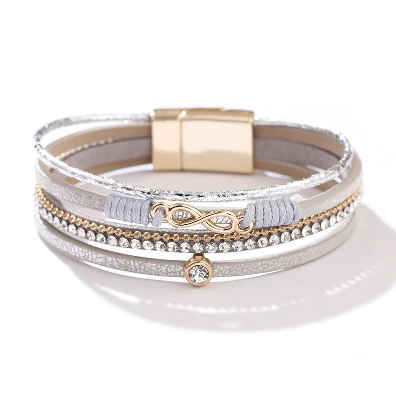 Bracelet Multi-Rangs Gris & Doré – Cristaux Étincelants – Fermoir Magnétique Luxe