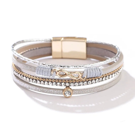 Bracelet Multi-Rangs Gris & Doré – Cristaux Étincelants – Fermoir Magnétique Luxe
