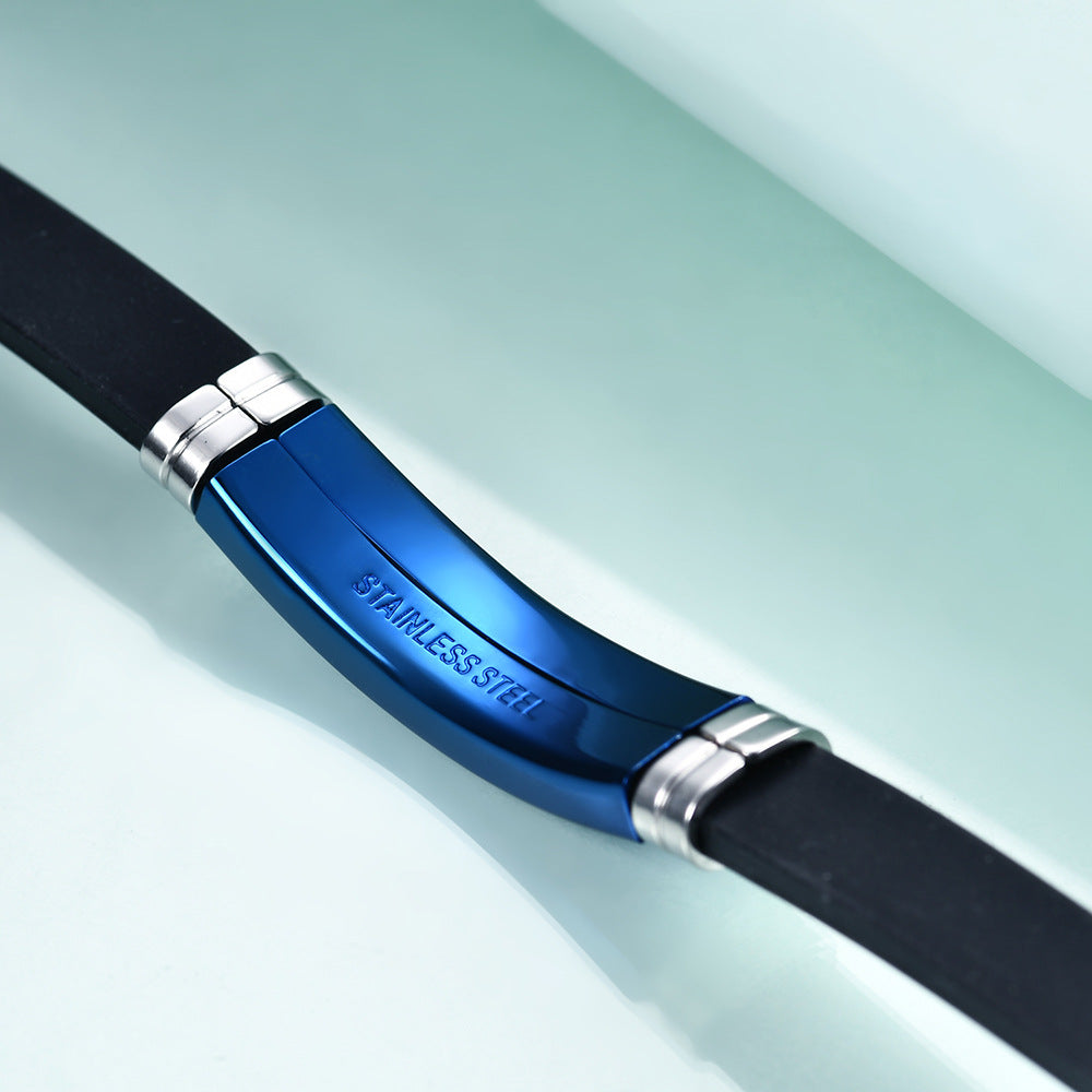 Bracelet Homme Silicone & Acier Inoxydable – Plaque Bleu Métallique