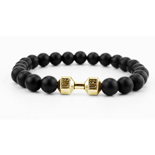 Bracelet Homme – Perles Noires & Haltère Dorée “Fitness Edition”