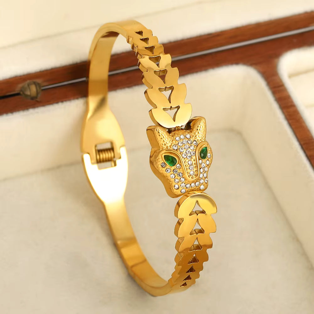 Bracelet Panthère Doré – Élégance Sauvage & Regard Émeraude