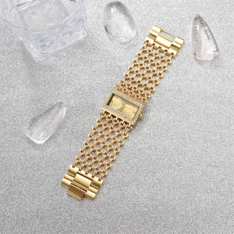 ✨ Montre Femme “Royal Chain Gold” – Bracelet à Maillons Luxe & Cadran Rectangulaire Cristallisé