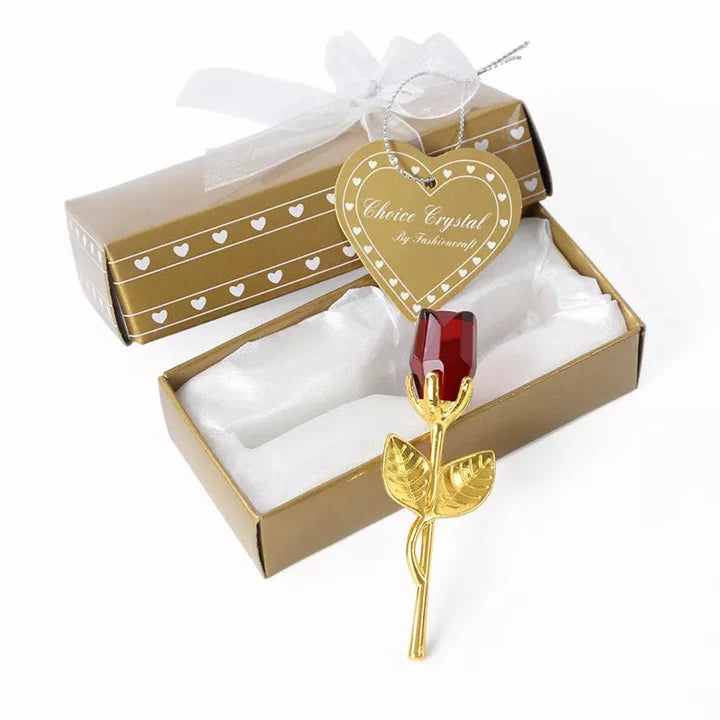 Coffret Rose en cristal rouge – tige dorée