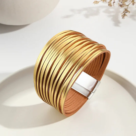 Bracelet Large Multi-Lanières Doré – Style Chic & Moderne – Fermoir Magnétique
