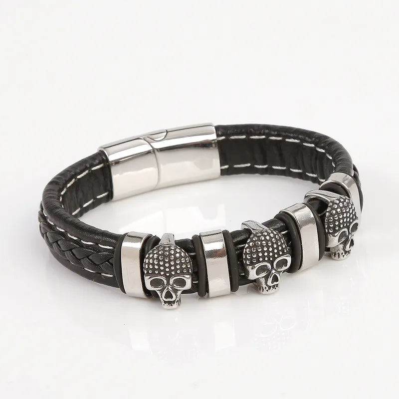 Bracelet Homme Cuir & Acier Inoxydable – Crânes (22 cm)