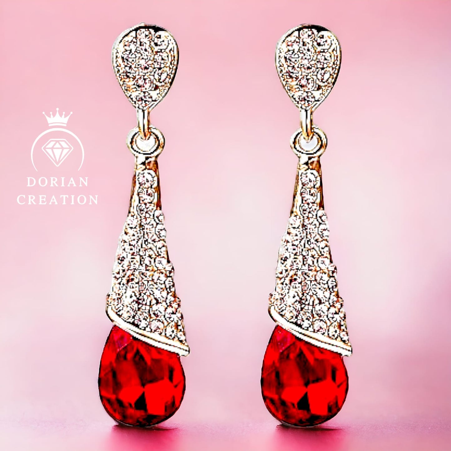 ❤️ Boucle d'oreille pendante larme plaqué or femme pierre rouge strass blanc