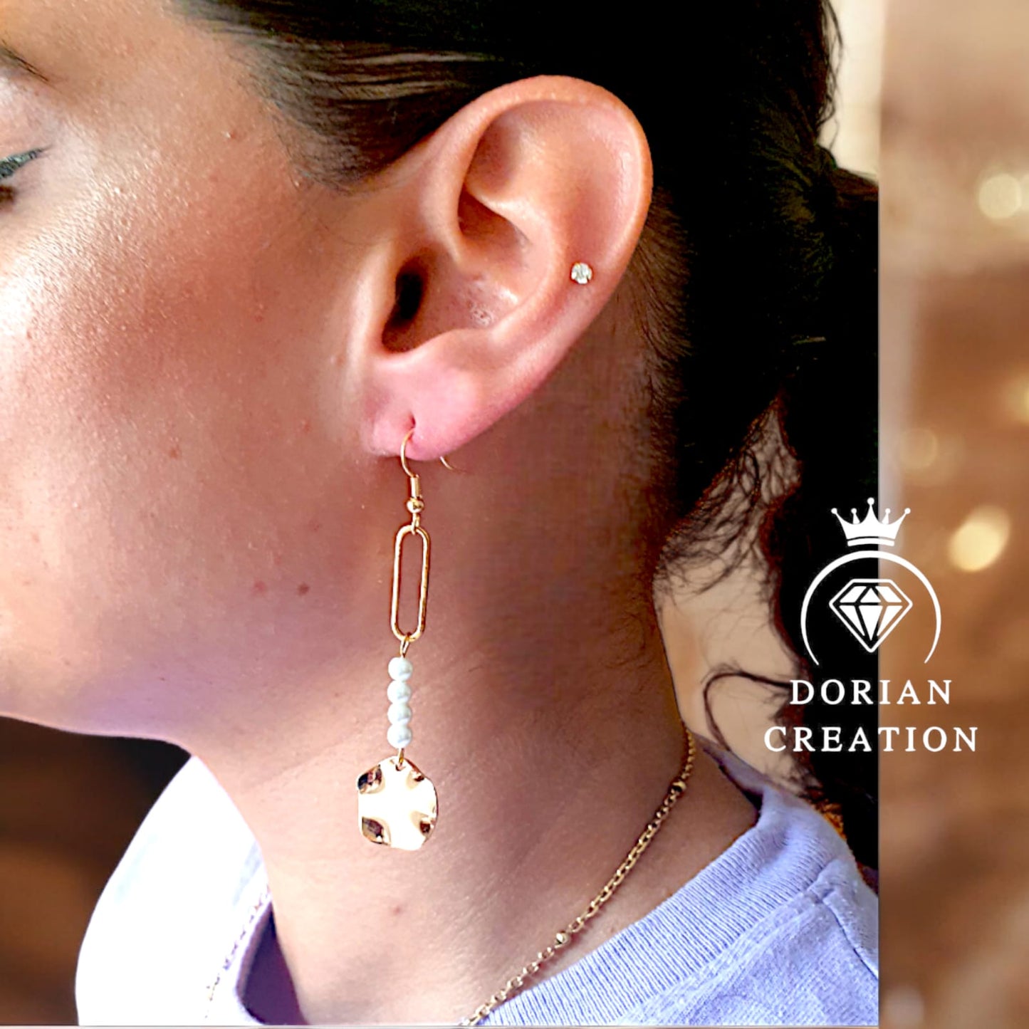 Boucles d’oreilles perles de verre - pendentif en laiton et crochets de boucle d’oreille torsadé plat rond, plaqué or 18 carats