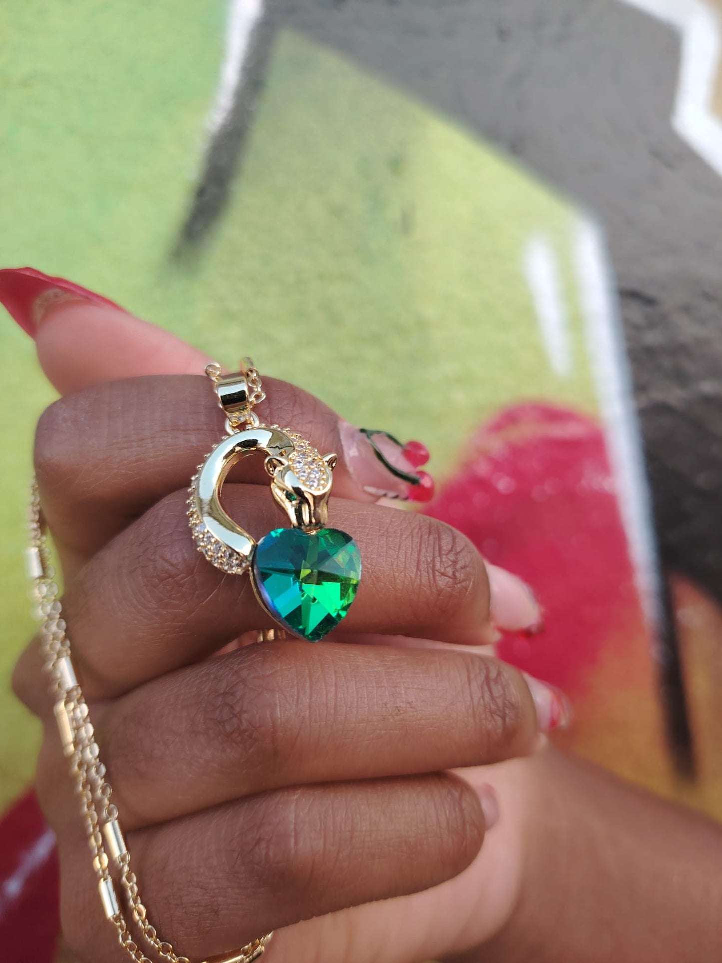 Collier Panthère & Cœur Vert Émeraude