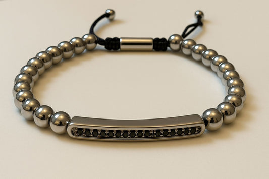 Bracelet Acier Argenté et Pierres Noires