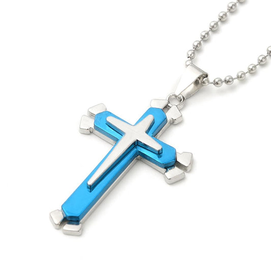 Collier Croix Acier Bleu et Argent – Foi & Élégance