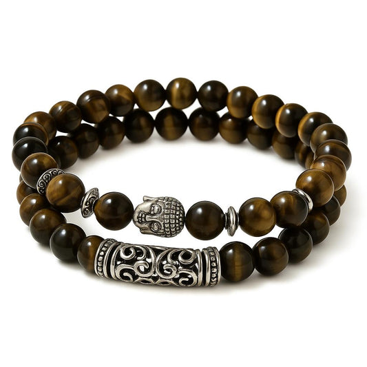 Bracelets duo Œil de tigre & noir – Charms Bouddha et barillet – Élastiques (lot de 2)