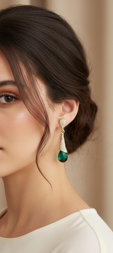 Boucles d'Oreilles Goutte Verte et Strass Étincelants