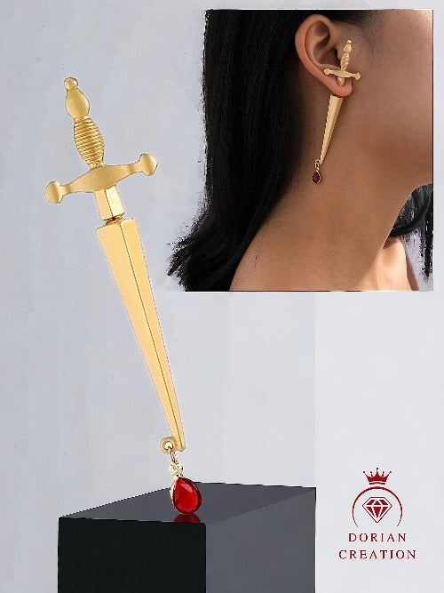 Boucle d'oreille homme ou femme traversante solo épée dorée strass