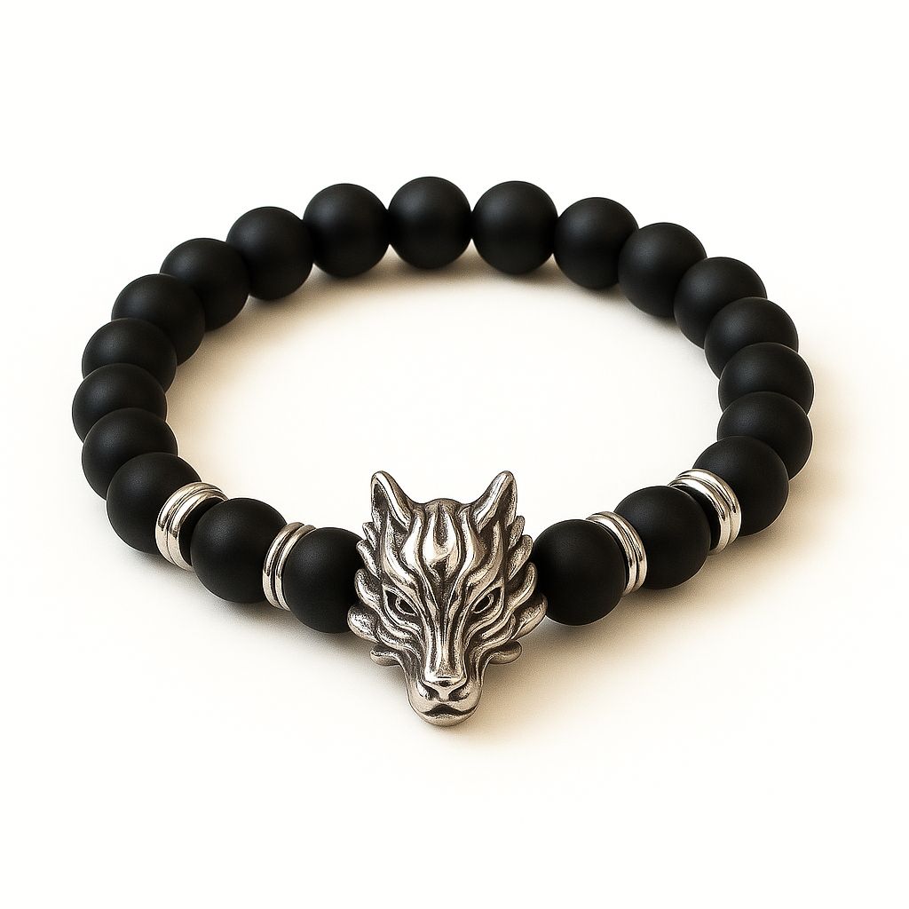 Bracelet Loup argenté – Perles Noires & Élégance Sauvage