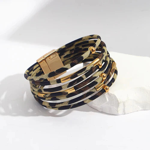 Bracelet multi-rangs léopard doré