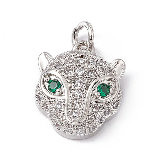 Pendentif tête de panthère argentée – yeux verts & zircons