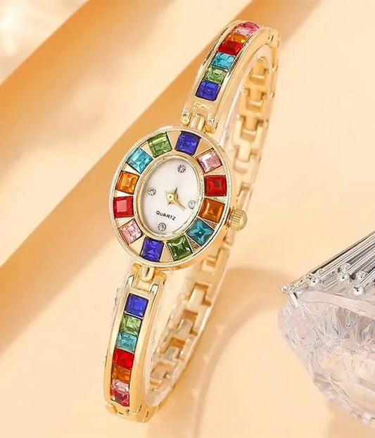 ✨ Montre Femme “Golden Rainbow Luxe” – Bracelet Or & Cristaux Multicolores